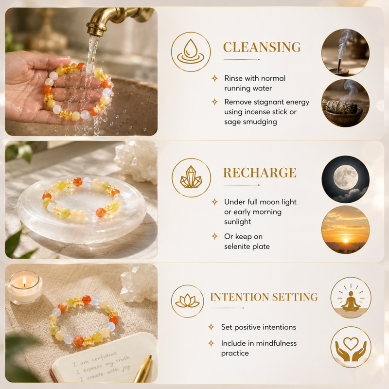 A four-panel instructional collage showing how to care for RULING NUMBER 3 BRACELET. The panels include: cleansing the bracelet with running water, recharging it under moonlight or sunlight, setting positive intentions, and wearing it with mindfulness.