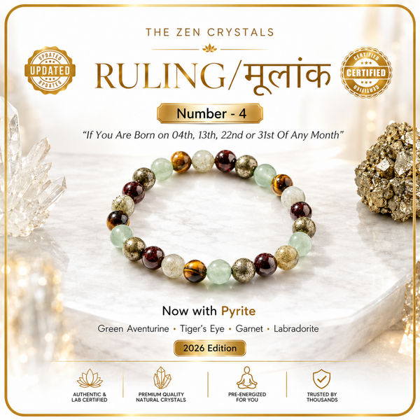 A promotional product graphic for RULING NUMBER 4 BRACELET from The Zen Crystals. The bracelet, labeled 'Number - 4' and '2026 Edition', features alternating green aventurine, tiger's eye, garnet, and labradorite beads.