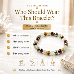 A promotional graphic for a RULING NUMBER 4 BRACELET from The Zen Crystals, showing a multicolor bracelet on a soft cream background with text detailing when it is ideal for people born on the 4th, 13th, 22nd, and 31st of any month.