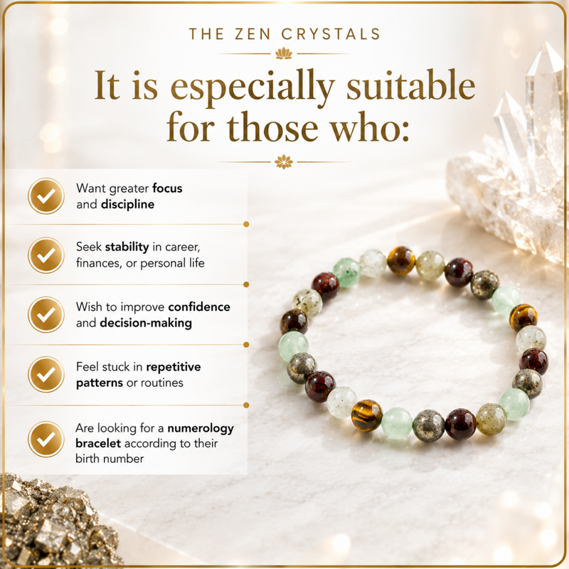 RULING NUMBER 4 BRACELET displayed on a light marble surface with crystal clusters in the background. The image includes marketing text reading 'The Zen Crystals' and bullet points about suitability, so this is not a plain product-only studio shot; it functions as a promotional informational graphic.
