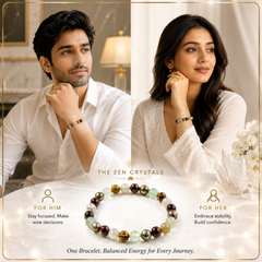 A split lifestyle image showing a man and a woman wearing RULING NUMBER 4 BRACELET, with the product displayed at the bottom. The text reads 'THE ZEN CRYSTALS' and 'One Bracelet.