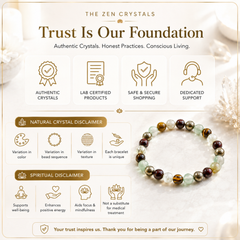 A promotional graphic for 'The Zen Crystals' featuring RULING NUMBER 4 BRACELET made of green, brown, and dark purple stones on the right. The left side contains text and icons detailing product features ('Authentic Crystals', 'Lab Certified Products', 'Safe & Secure Shopping', 'Dedicated Support') and disclaimers ('Natural Crystal Disclaimer', 'Spiritual Disclaimer') on a warm cream background.