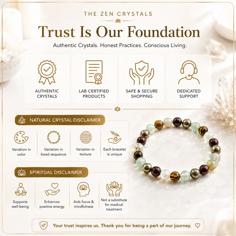 A promotional graphic for 'The Zen Crystals' featuring RULING NUMBER 4 BRACELET made of green, brown, and dark purple stones on the right. The left side contains text and icons detailing product features ('Authentic Crystals', 'Lab Certified Products', 'Safe & Secure Shopping', 'Dedicated Support') and disclaimers ('Natural Crystal Disclaimer', 'Spiritual Disclaimer') on a warm cream background.