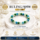 RULING NUMBER 5 BRACELET displayed on a white marble tray, with promotional text for 'The Zen Crystals' Ruling/मूलार्क Number 5 bracelet. The bracelet features blue, green, and light aqua beads.