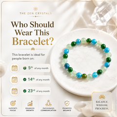 RULING NUMBER 5 BRACELET with green, blue, and light teal beads displayed on a white plate, set against a cream satin background with decorative crystals. The left side features a detailed informational graphic with the brand 'The Zen Crystals' and text explaining the gemstone meanings and wearing dates for this bracelet.