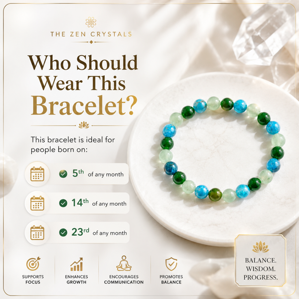 RULING NUMBER 5 BRACELET with green, blue, and light teal beads displayed on a white plate, set against a cream satin background with decorative crystals. The left side features a detailed informational graphic with the brand 'The Zen Crystals' and text explaining the gemstone meanings and wearing dates for this bracelet.