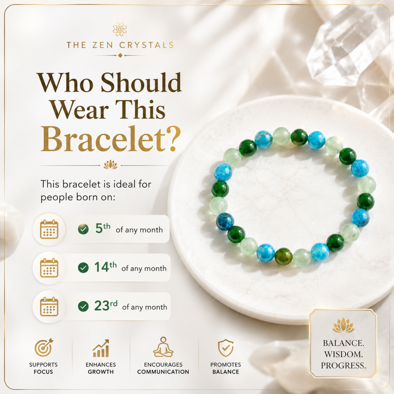 RULING NUMBER 5 BRACELET with green, blue, and light teal beads displayed on a white plate, set against a cream satin background with decorative crystals. The left side features a detailed informational graphic with the brand 'The Zen Crystals' and text explaining the gemstone meanings and wearing dates for this bracelet.