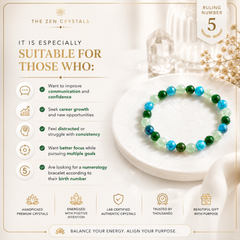 RULING NUMBER 5 BRACELET with blue, green, and light aqua beads displayed on a white ceramic dish, set against a cream-colored background with product information text and branding for 'The Zen Crystals'.
