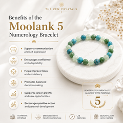RULING NUMBER 5 BRACELET made of blue, green, and white marbled gemstone beads, displayed on a white ceramic dish. The image is a promotional graphic for 'The Zen Crystals' Moolank 5 Numerology Bracelet, featuring text detailing its benefits and a 'Rooted in Numerology' badge.