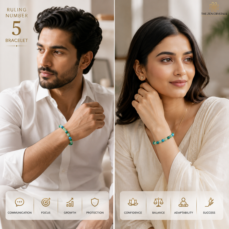 A split-screen lifestyle advertisement showing a man and a woman wearing a turquoise beaded bracelet. The left side features a man in a white shirt adjusting his bracelet, with text reading 'RULING NUMBER 5 BRACELET'.
