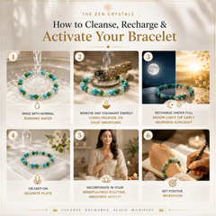 An instructional graphic titled 'How to Cleanse, Recharge & Activate RULING NUMBER 5 BRACELET' by The Zen Crystals, showing six numbered steps with photos of a turquoise and green beaded bracelet in different cleansing and meditation contexts.