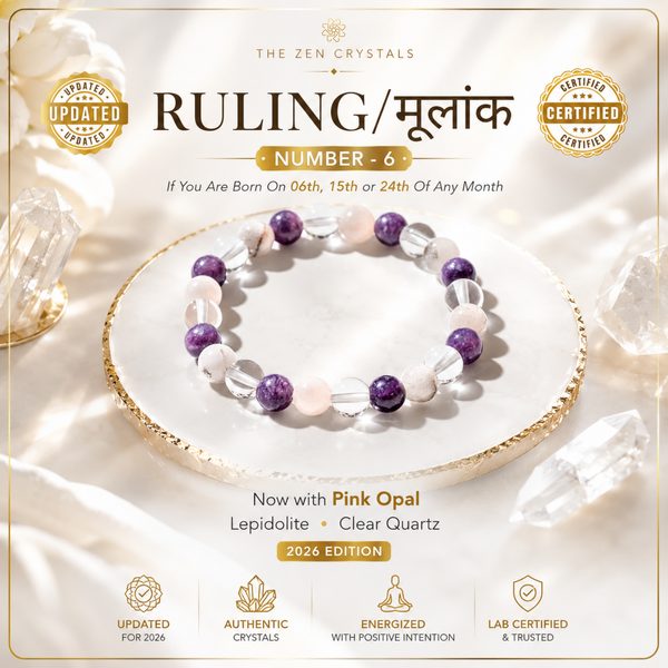 RULING NUMBER 6 BRACELET displayed on a white plate with gold trim, surrounded by clear quartz crystals. The bracelet features purple, white, and pink beads.