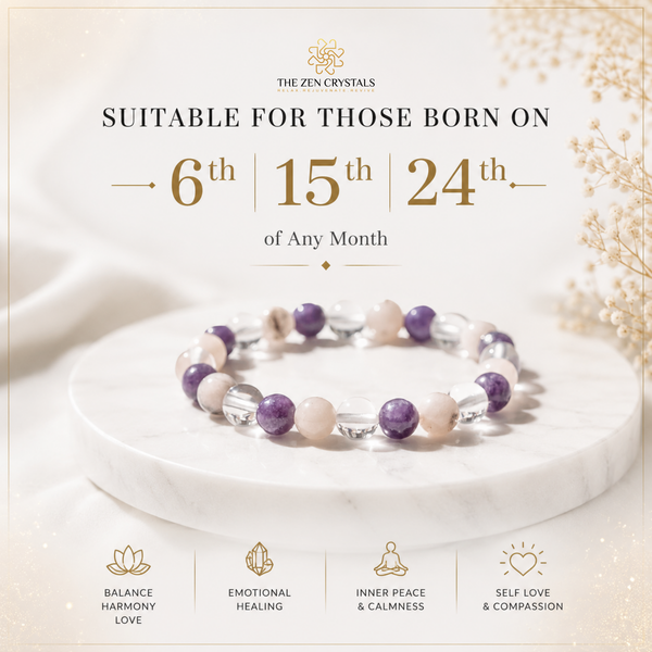 RULING NUMBER 6 BRACELET by The Zen Crystals, featuring purple amethyst, pale pink rose quartz, and clear faceted crystal beads, displayed on a white marble pedestal with promotional text.