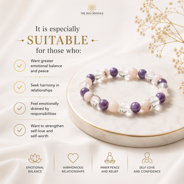 An ad-style product image for RULING NUMBER 6 BRACELET from The Zen Crystals. The bracelet features alternating translucent clear beads and purple and pale pink beads, displayed on a white ceramic dish.