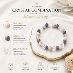 RULING NUMBER 6 BRACELET displayed on a white stone tray, with text callouts identifying the stones: pink opal, lepidolite, and clear quartz. The image includes branding for The Zen Crystals and decorative lifestyle props like dried flowers and a gold dish.