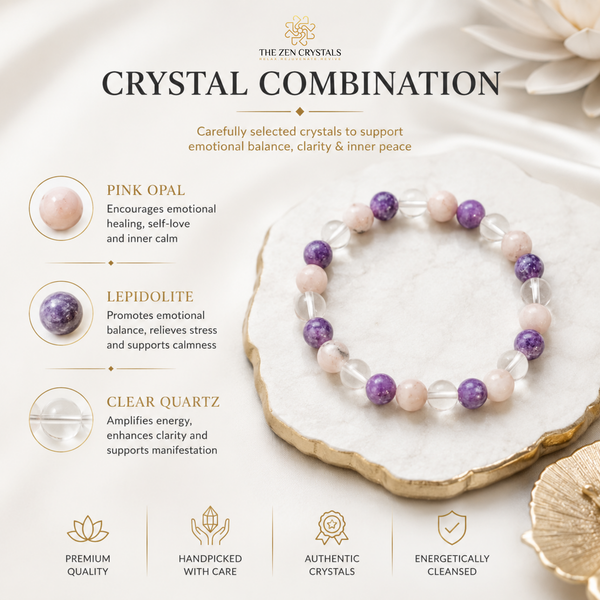 RULING NUMBER 6 BRACELET displayed on a white stone tray, with text callouts identifying the stones: pink opal, lepidolite, and clear quartz. The image includes branding for The Zen Crystals and decorative lifestyle props like dried flowers and a gold dish.
