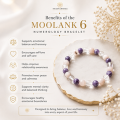 A moolank 6 numerology bracelet by The Zen Crystals, featuring purple, white, and clear beads, displayed on a gold-rimmed white plate with decorative dried flowers. The left side of the image contains text detailing the benefits of the bracelet.