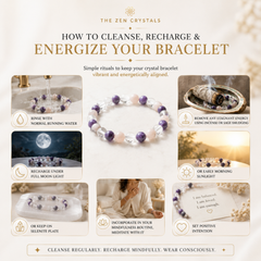 An infographic titled 'HOW TO CLEANSE, RECHARGE & ENERGIZE YOUR RULING NUMBER 6 BRACELET' by The Zen Crystals, showing eight illustrated and photo panels with tips for cleansing, charging, wearing, and maintaining a crystal bracelet.