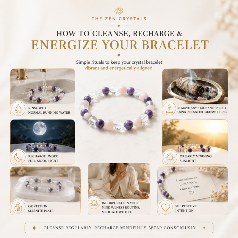 An infographic titled 'HOW TO CLEANSE, RECHARGE & ENERGIZE YOUR RULING NUMBER 6 BRACELET' by The Zen Crystals, showing eight illustrated and photo panels with tips for cleansing, charging, wearing, and maintaining a crystal bracelet.