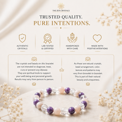 RULING NUMBER 6 BRACELET with purple amethyst and clear faceted beads, displayed on a cream fabric background with dried flowers. The image includes marketing text and icons highlighting product qualities from The Zen Crystals.