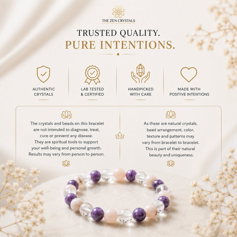 RULING NUMBER 6 BRACELET with purple amethyst and clear faceted beads, displayed on a cream fabric background with dried flowers. The image includes marketing text and icons highlighting product qualities from The Zen Crystals.