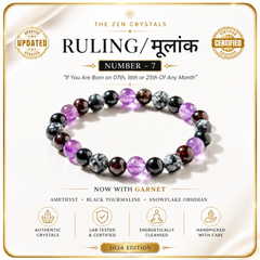 A beaded stretch bracelet for RULING NUMBER 7 BRACELET by The Zen Crystals, featuring purple amethyst, black tourmaline, and marbled snowflake obsidian beads with garnet accents, presented on a cream background with gold borders and informational text.