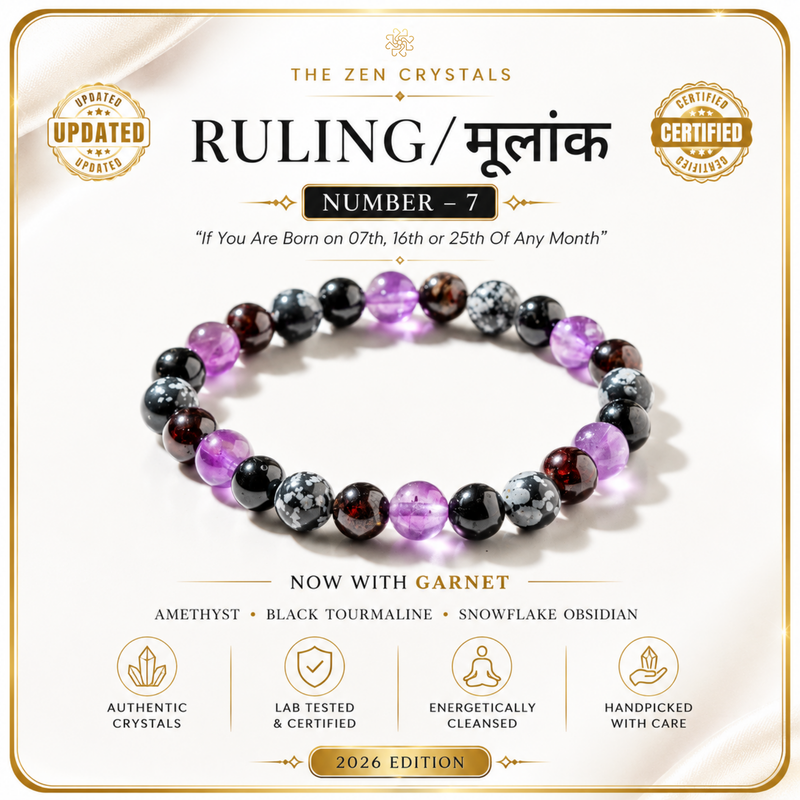 A beaded stretch bracelet for RULING NUMBER 7 BRACELET by The Zen Crystals, featuring purple amethyst, black tourmaline, and marbled snowflake obsidian beads with garnet accents, presented on a cream background with gold borders and informational text.