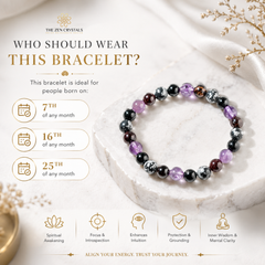 RULING NUMBER 7 BRACELET with purple, black, and smoky brown beads displayed on a white stone pedestal. The image is a promotional graphic from The Zen Crystals with text detailing the astrological days of the week suitable for wearing this bracelet and icons representing spiritual and mental benefits.