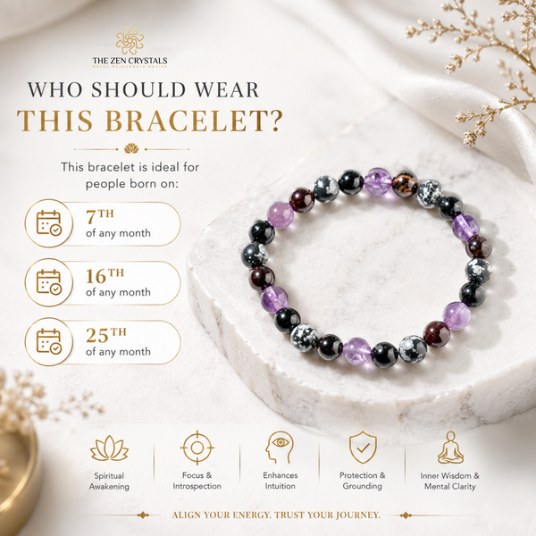 RULING NUMBER 7 BRACELET with purple, black, and smoky brown beads displayed on a white stone pedestal. The image is a promotional graphic from The Zen Crystals with text detailing the astrological days of the week suitable for wearing this bracelet and icons representing spiritual and mental benefits.