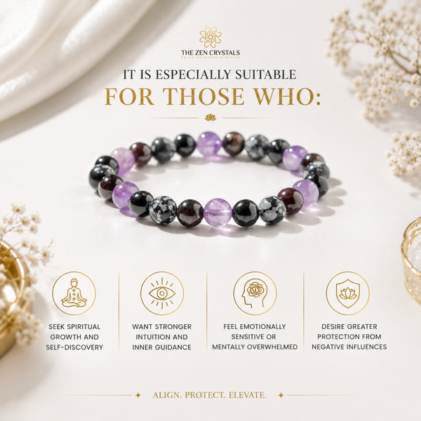 RULING NUMBER 7 BRACELET made of purple, black, and white marbled gemstone beads, displayed on a light cream background with decorative dried flowers and text overlays from The Zen Crystals.