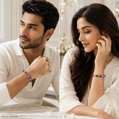 A split-screen lifestyle image showing a man and a woman wearing RULING NUMBER 7 BRACELET. The brand logo 'THE ZEN CRYSTALS' is visible in the bottom-left corner.