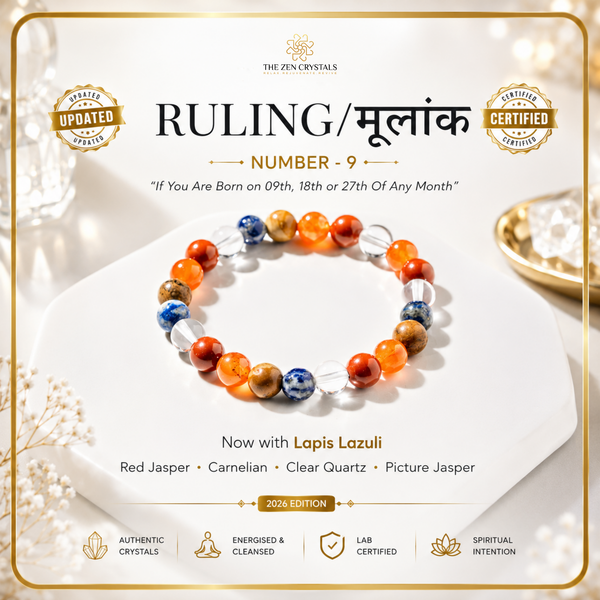 RULING NUMBER 9 BRACELET displayed on a white hexagonal tray, with promotional text for 'The Zen Crystals' and 'Ruling Number 9'. The bracelet contains orange, blue, brown, and clear faceted beads.