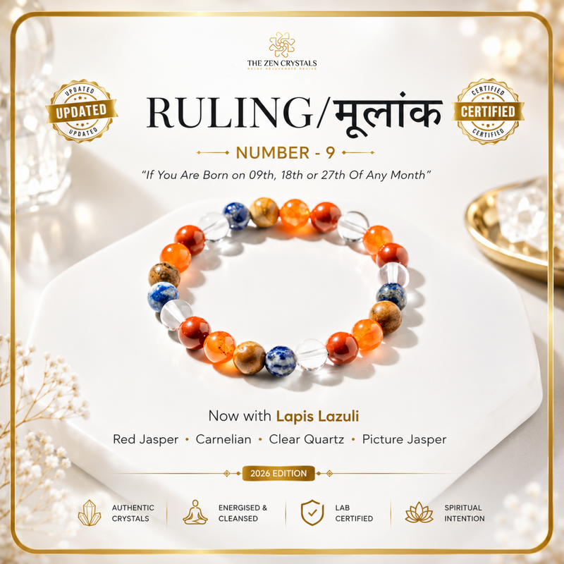 RULING NUMBER 9 BRACELET displayed on a white hexagonal tray, with promotional text for 'The Zen Crystals' and 'Ruling Number 9'. The bracelet contains orange, blue, brown, and clear faceted beads.