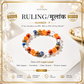 RULING NUMBER 9 BRACELET displayed on a white hexagonal tray, with promotional text for 'The Zen Crystals' and 'Ruling Number 9'. The bracelet contains orange, blue, brown, and clear faceted beads.