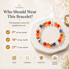 A promotional graphic for The Zen Crystals bracelet, showing RULING NUMBER 9 BRACELET with orange, blue, and gold beads on a white jewelry stand. The left side features text explaining that the bracelet is ideal for people born on the 9th, 18th, or 27th of any month, with icons representing focus, confidence, protection, and spiritual growth.