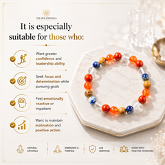RULING NUMBER 9 BRACELET displayed on a white octagonal tray, with marketing text on a cream background. The bracelet features orange, blue, and marbled brown and gold beads.