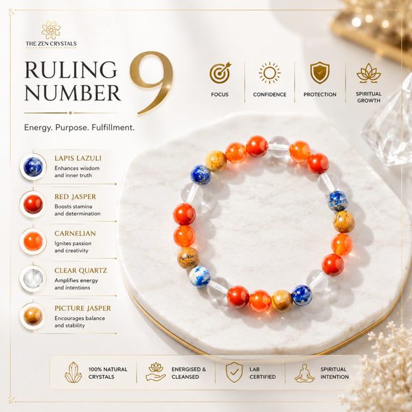 RULING NUMBER 9 BRACELET displayed on a white plate, featuring orange, blue, red, and clear quartz beads. The image is a promotional graphic with text detailing the 'Ruling Number 9' energy and purpose of the bracelet, along with ingredient highlights and feature icons.