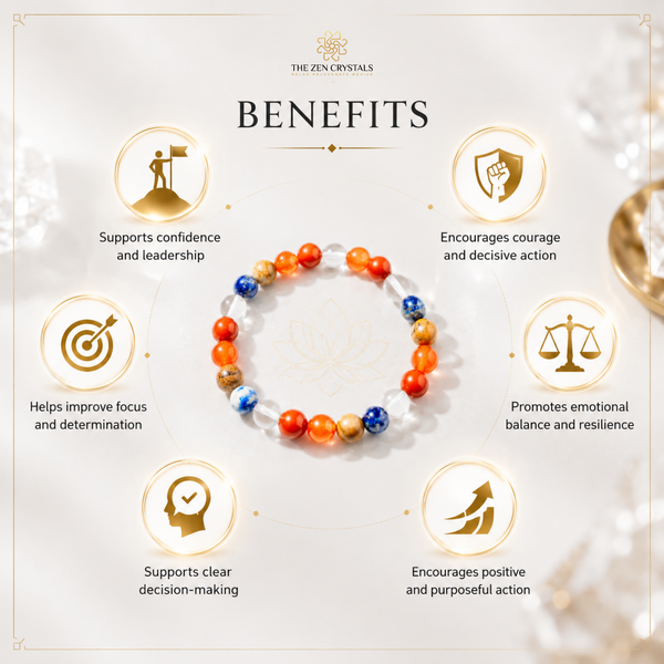 RULING NUMBER 9 BRACELET from The Zen Crystals is displayed in the center of a white 'Benefits' infographic. The bracelet features orange, blue, and clear beads.
