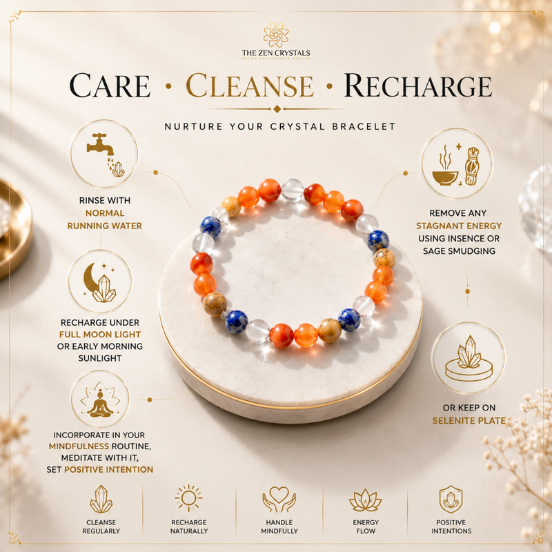 RULING NUMBER 9 BRACELET displayed on a round white tray, surrounded by care and cleansing instructions with icons and text on a warm cream background. The bracelet features orange, blue, and clear beads.