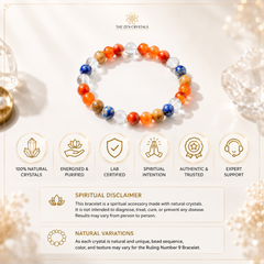 RULING NUMBER 9 BRACELET from The Zen Crystals displayed on a light cream background with decorative crystal props. The bracelet features a mix of orange, blue, white, and brown beads.