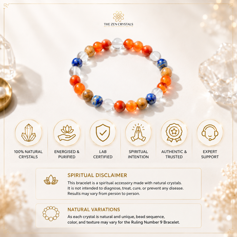 RULING NUMBER 9 BRACELET from The Zen Crystals displayed on a light cream background with decorative crystal props. The bracelet features a mix of orange, blue, white, and brown beads.