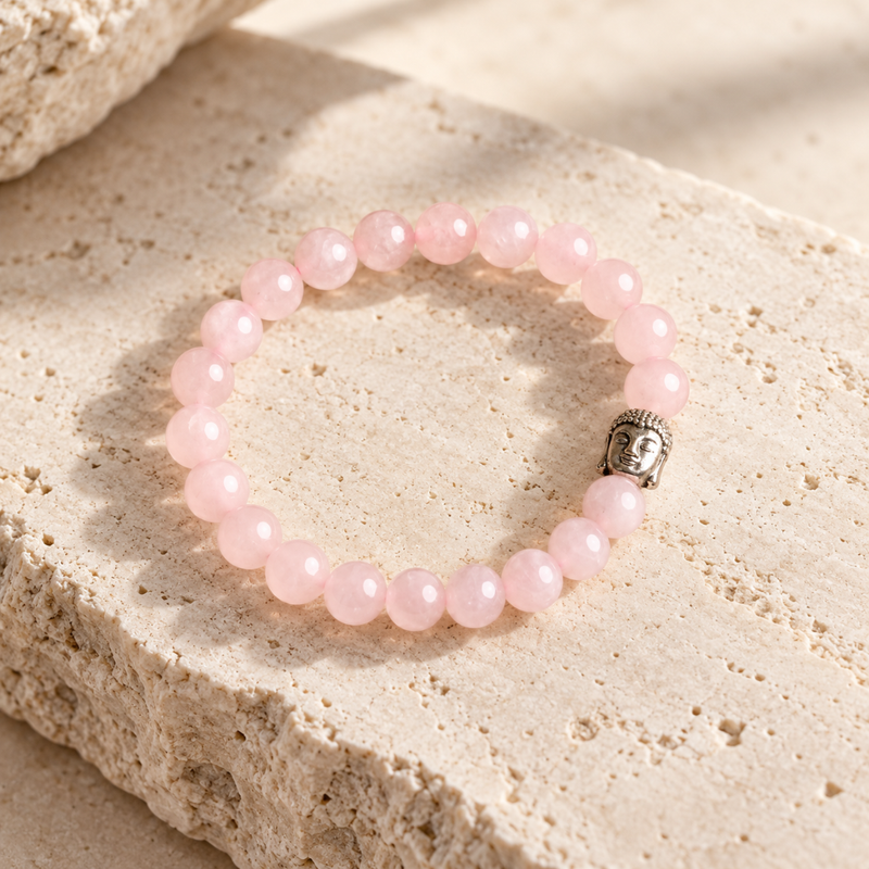 A rose quartz bracelet with a small silver Buddha head charm, resting on a textured beige stone surface.