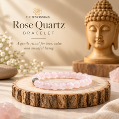 A pink rose quartz beaded bracelet with a silver-toned spacer bead, displayed on a rustic wood slice. The background is a warm, softly lit setting featuring a carved Buddha statue and white baby's breath flowers, with the brand logo 'The Zen Crystals' and product name 'Rose Quartz Bracelet' displayed on the left.