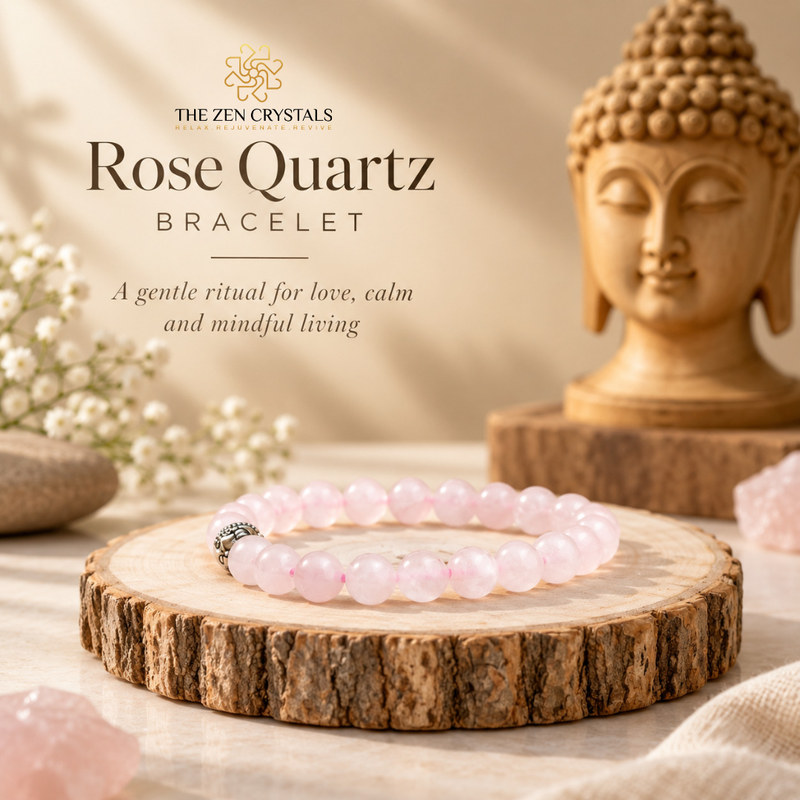 A pink rose quartz beaded bracelet with a silver-toned spacer bead, displayed on a rustic wood slice. The background is a warm, softly lit setting featuring a carved Buddha statue and white baby's breath flowers, with the brand logo 'The Zen Crystals' and product name 'Rose Quartz Bracelet' displayed on the left.