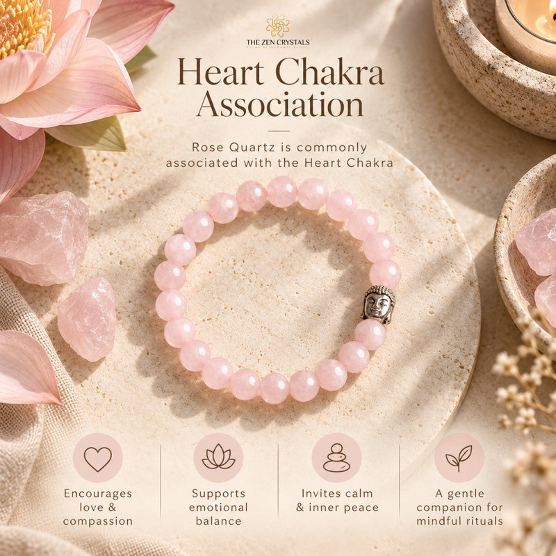 A pink beaded bracelet with a small metallic Buddha head charm is displayed on a textured beige stone slab. The scene is styled with pink rose quartz crystals, a pink lotus flower, and candles, with text overlays from 'The Ten Crystals' and 'Heart Chakra Association'.