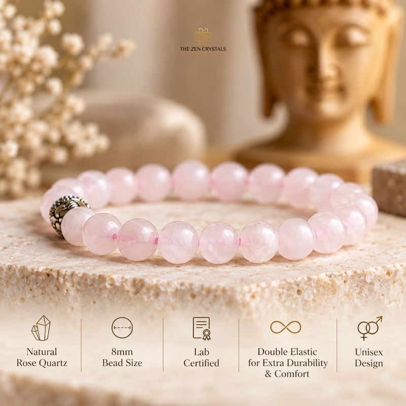A pink rose quartz beaded bracelet with a silver spacer bead, displayed on a stone slab with a Buddha statue in the background. Text at the bottom lists product features including natural rose quartz, 8mm bead size, lab certified, double elastic, and unisex design.