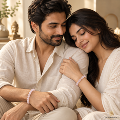 A man and a woman sitting closely together in a warm indoor setting, both wearing rose quartz wrist bracelets. The man wears a cream-colored textured shirt, and the woman wears a white lace-trimmed top.