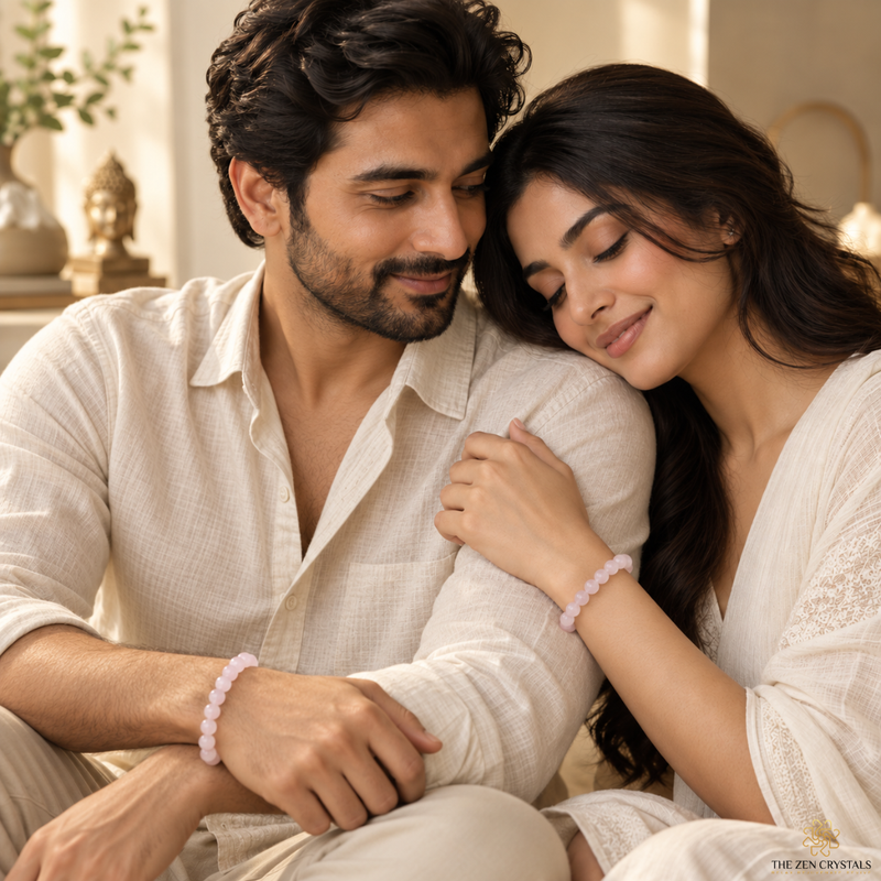 A man and a woman sitting closely together in a warm indoor setting, both wearing rose quartz wrist bracelets. The man wears a cream-colored textured shirt, and the woman wears a white lace-trimmed top.