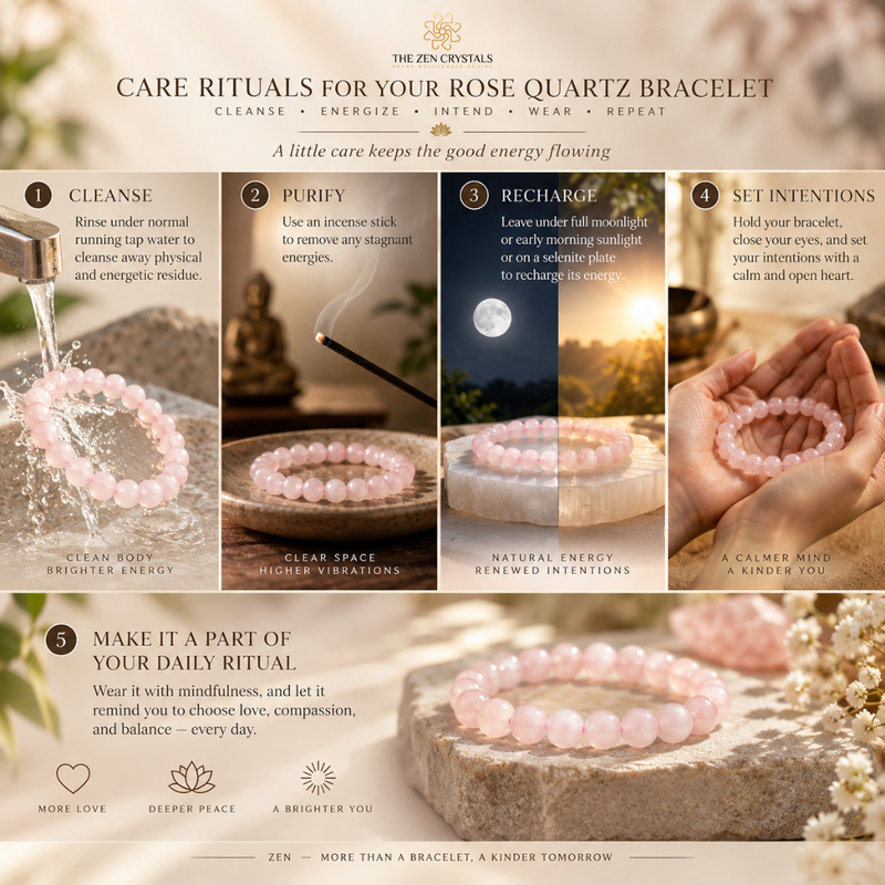 An informational graphic titled 'Care Rituals for Your Rose Quartz Bracelet' by The Zen Crystals, showing five illustrated and photographed steps for bracelet care and meaning: cleanse, purify, recharge, set intentions, and make it part of daily ritual. The bracelet appears pink in the panels, with scenic backgrounds and text describing benefits.