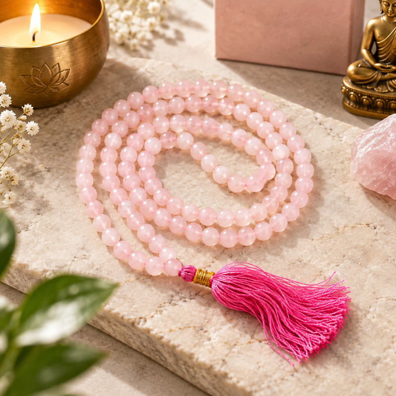 Rose quartz mala with a bright magenta tassel and gold accent, displayed on a textured stone slab with a lit candle, flowers, and a small Buddha statue in the background.